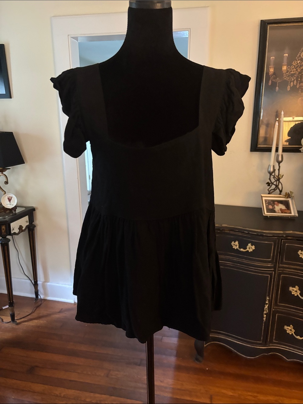 Black Square-Neck Babydoll peplum top with Flutter Cap Sleeves
